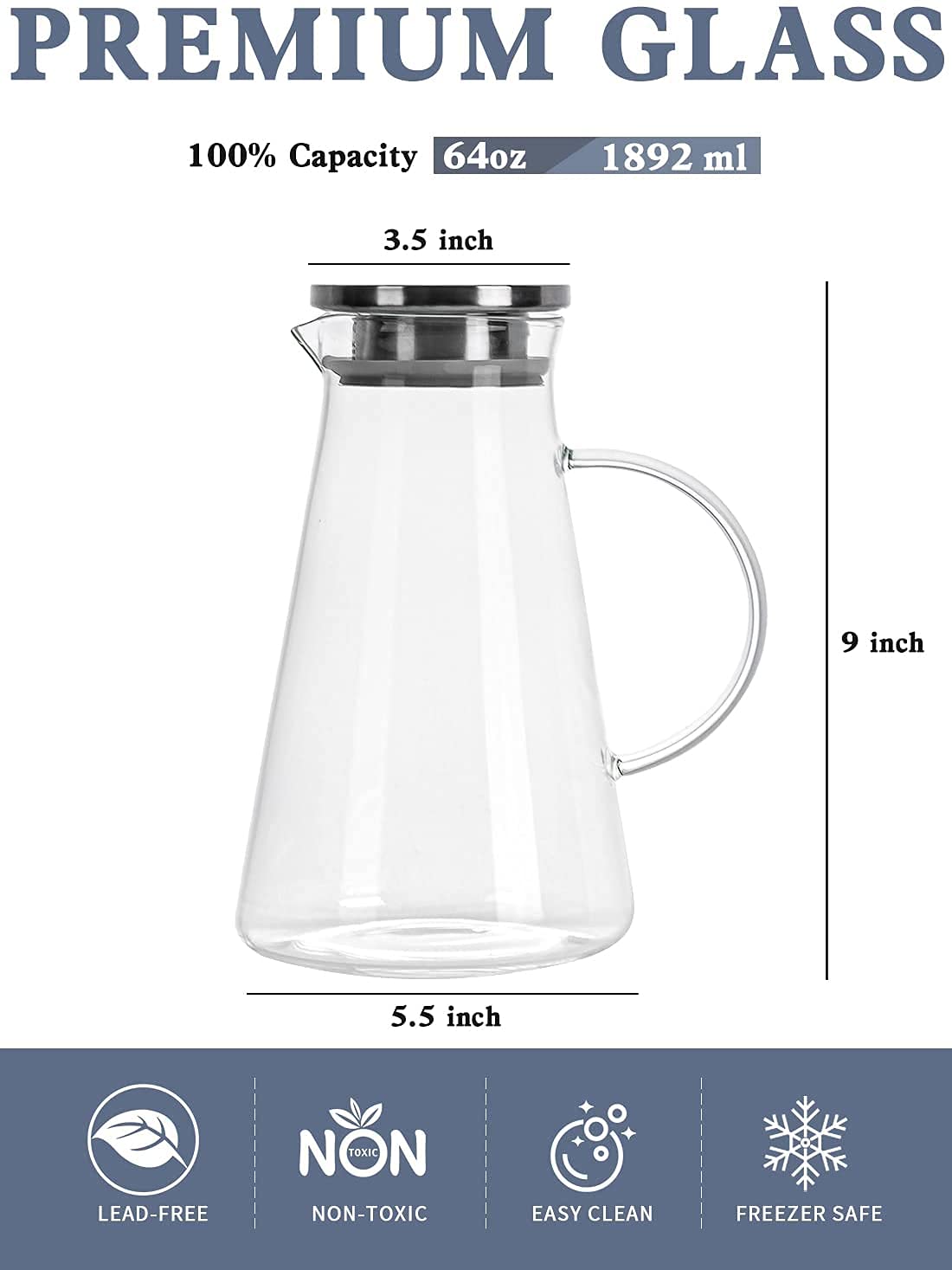 Glass Pitcher with Lid, 68 Ounces 2.0 Liter Large Glass Water Jug with Handle for Home Kitchen Milk Juice and Iced Tea Beverage Pitcher by Nidhdsda