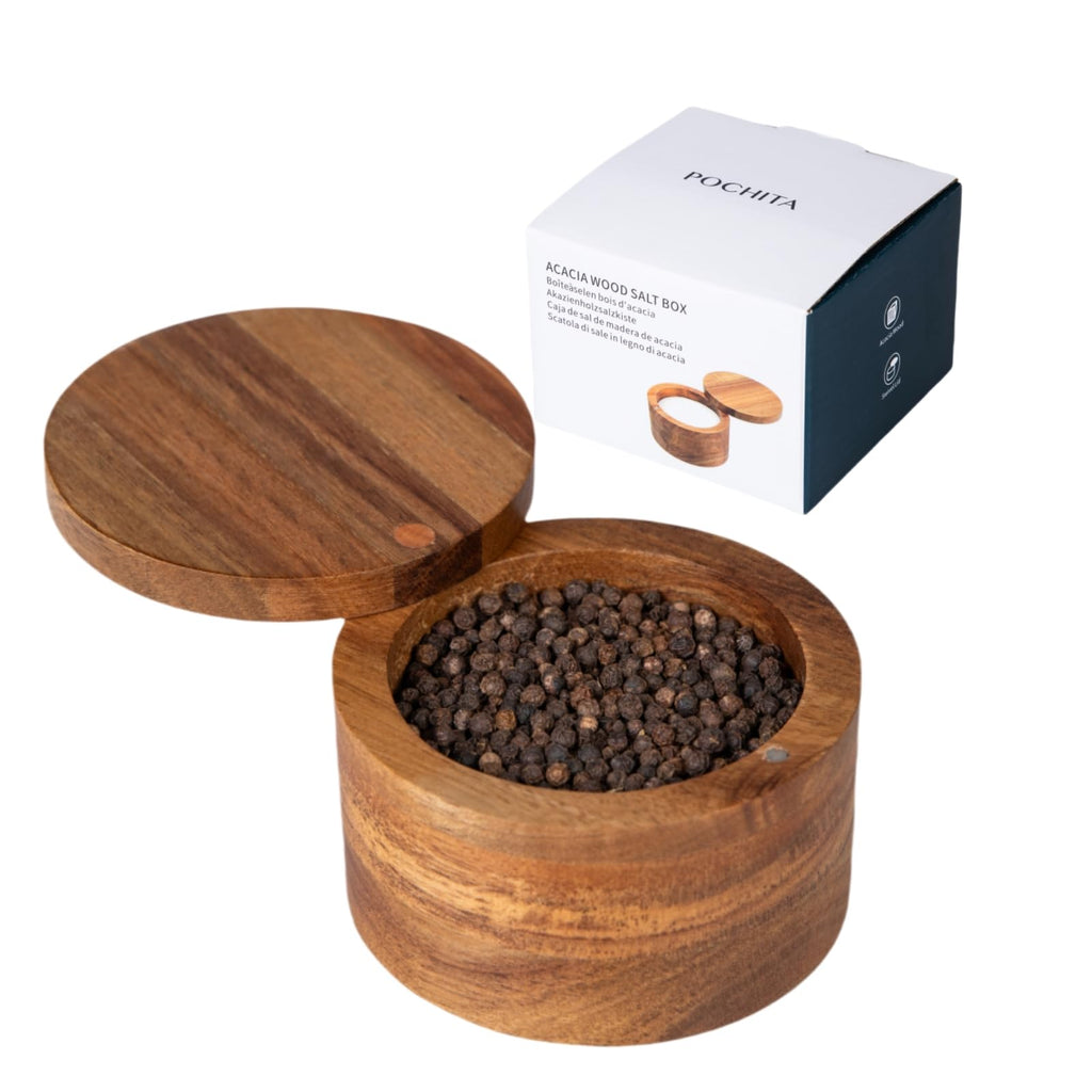 Pochita Global Acacia Wood Salt Cellar Bowl Box with Swivel Magnetic Lid to Avoid Dust, Elegant Kitchen Salt Container Holder with to Storage Pepper Spice Bath Salt Sea Salt, 6OZ（No Spoon）
