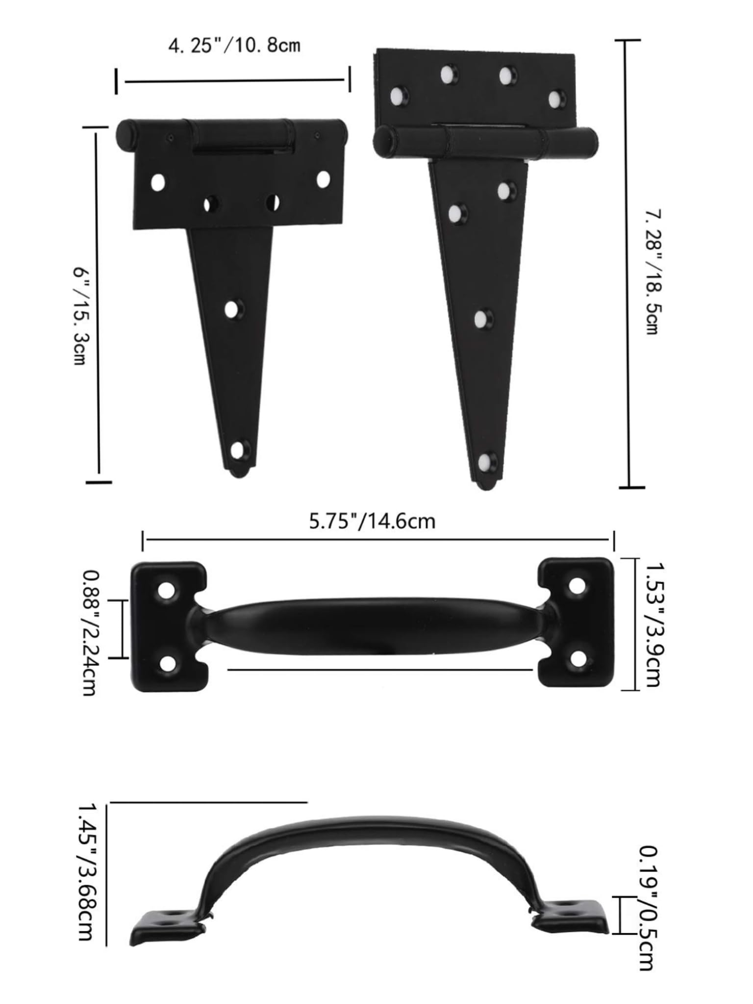 HOME MASTER HARDWARE 6" Gate Tee Hinge, Latch and Pull Set Gate Hardware Kit with Screws for Outdoor Fence Swing Gate Black Finish