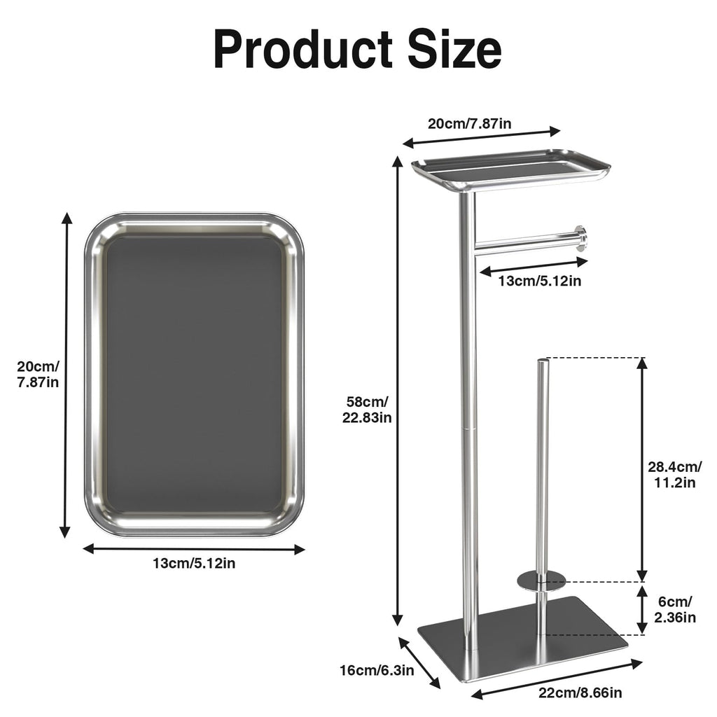 Toilet Paper Holder Stand with Top Storage Shelf, Silver Toilet Paper Roll Holder Free Standing, Floor Standing Toilet Roll Dispenser Storages 4 Reserve Rolls, CAA75CH046