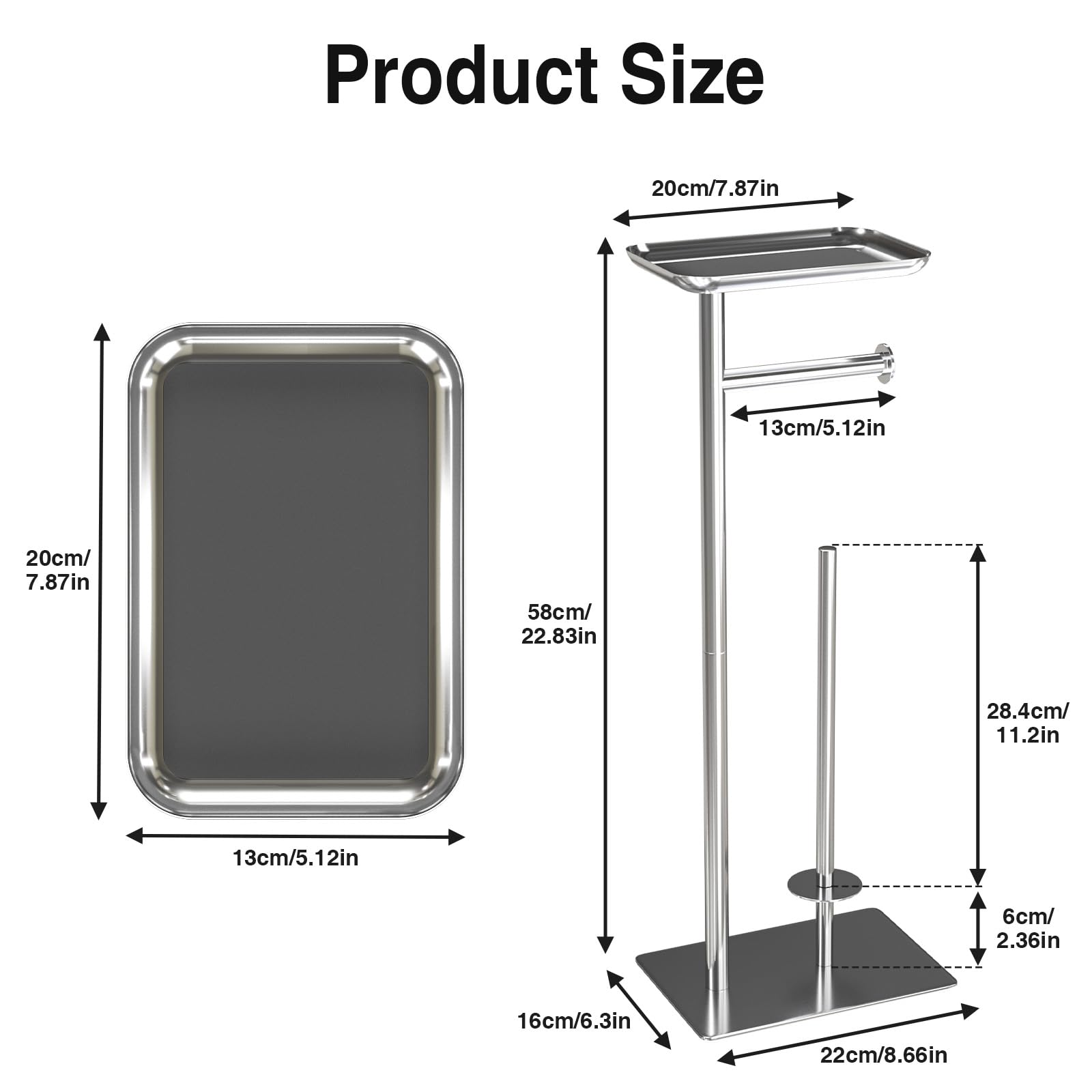 Toilet Paper Holder Stand with Top Storage Shelf, Silver Toilet Paper Roll Holder Free Standing, Floor Standing Toilet Roll Dispenser Storages 4 Reserve Rolls, CAA75CH046