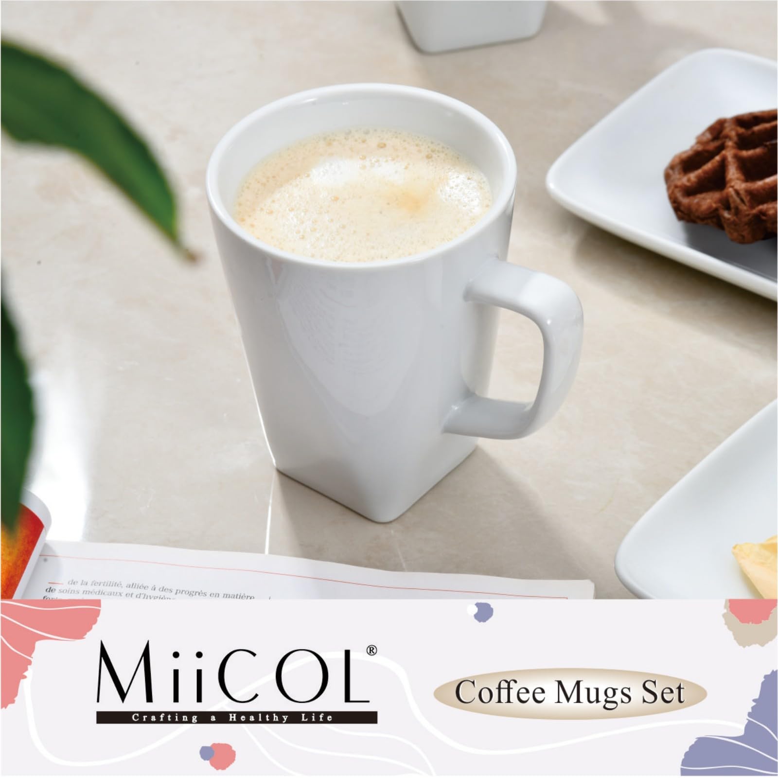 Miicol Porcelain Coffee Mugs Set of 6, Large Coffee Cups 400 ml / 14 oz, White Tea Cups, Ceramic Mugs for Latte, Cappuccino, Milk, Cocoa, Square Bottom, Microwave & Dishwasher Safe