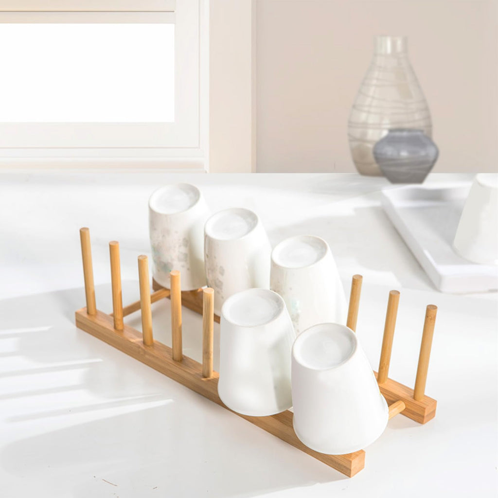 2PCS Bamboo Dish Rack, 8 Slots Wooden Plate Rack, Dish Stand Holder Vertical Drainer Kitchen Cabinet Organizer for Dish, Pots, Lids, Bowls, Cups,Cutting Board and More