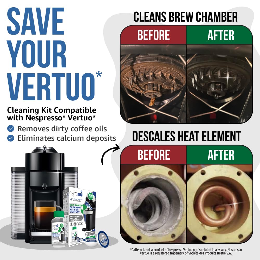 Caffenu Descaling Kit Compatible with Nespresso Vertuo 2 Uses Descaling Solution and 6 Cleaner Pods. Removes Limescale & Cleans Pod Area. Better Tasting & Hotter Coffee. 4 Month Supply.
