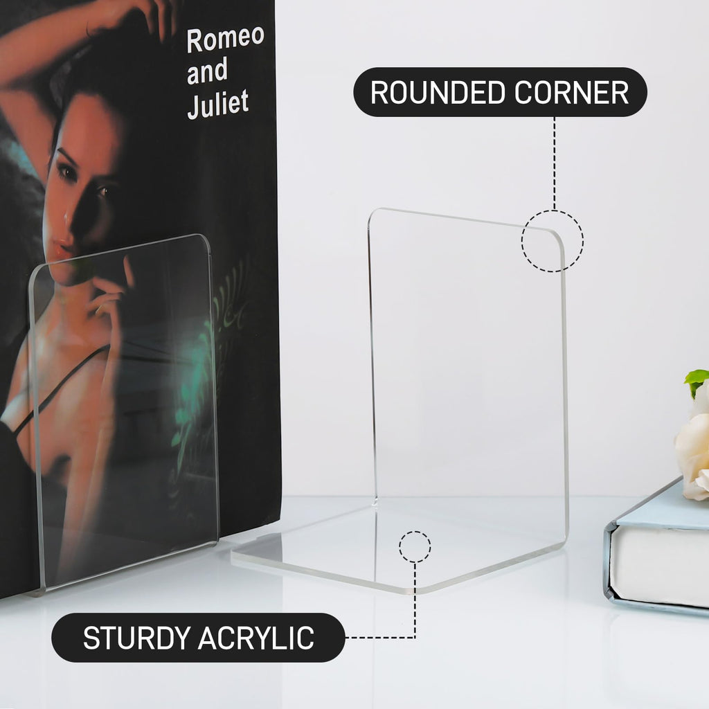 JIANTA 4 Pairs Acrylic Book Ends, Clear Acrylic Bookends for Book Shelves, Plastic Book Ends Desktop Book Organizer Decoration Gift Stationery Supplies for School Office Library