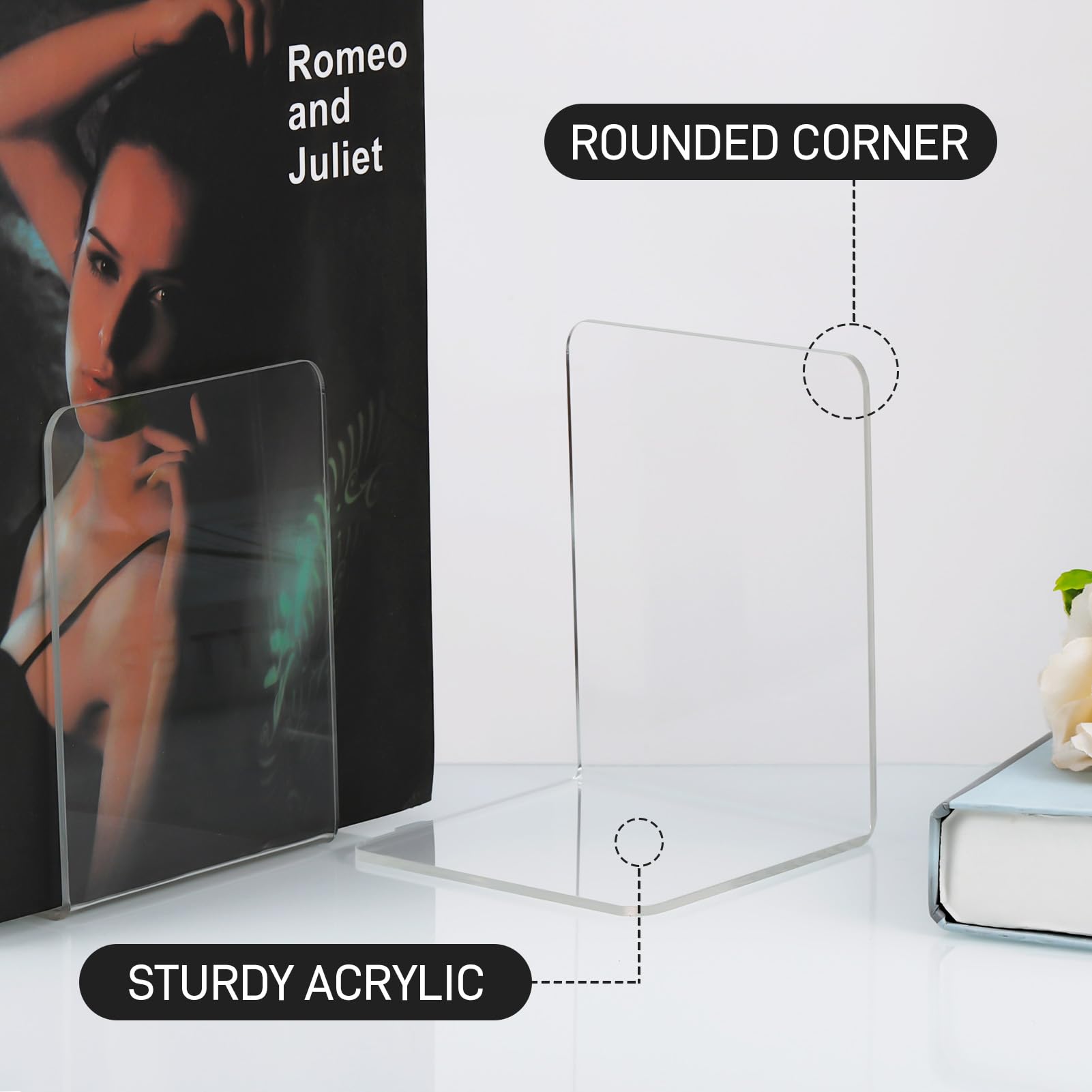 JIANTA 4 Pairs Acrylic Book Ends, Clear Acrylic Bookends for Book Shelves, Plastic Book Ends Desktop Book Organizer Decoration Gift Stationery Supplies for School Office Library