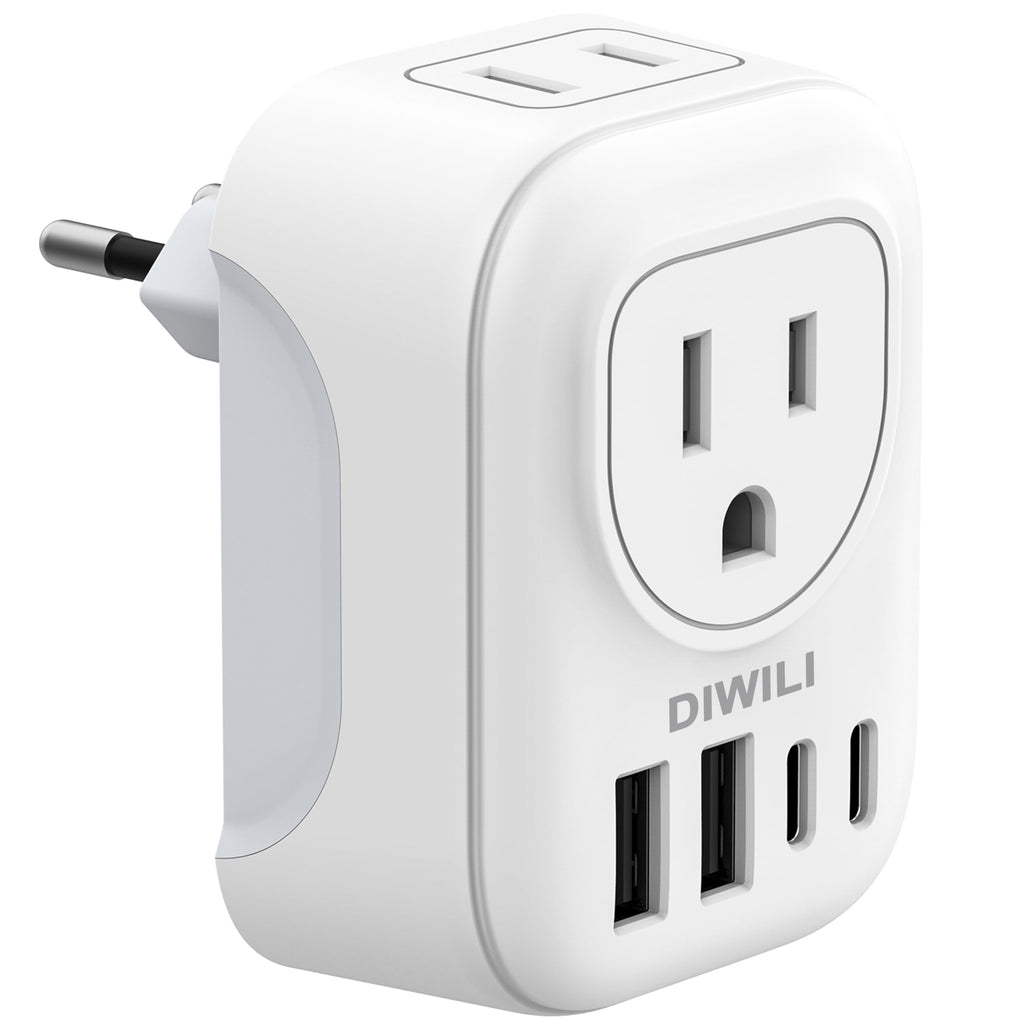 European Travel Plug Adapter, DIWILI International Power Plug with 2 AC Outlets 4 USB Ports(2 USB C), Type C Travel Essentials Charger for Canada to Most of Europe EU Italy Spain France