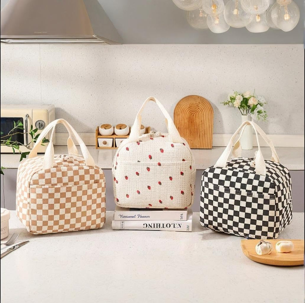 Lunch Bags for Women Reusable - Large Insulated Lunch Box Lightweight Tote for Work, Travel, Beach & Daily Use, Coffee - Chequered