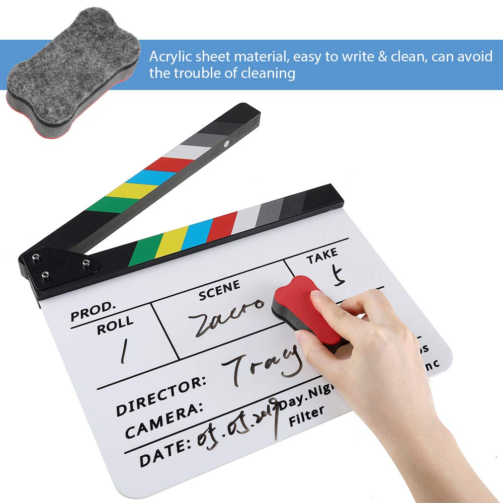Acrylic Film Clapboard -12x10in Plastic Film Clapboard Cut Action Scene Clapper Board with a Magnetic Blackboard Eraser and 2 Custom Pens, Movie Props for Filmmakers, Students & Creators