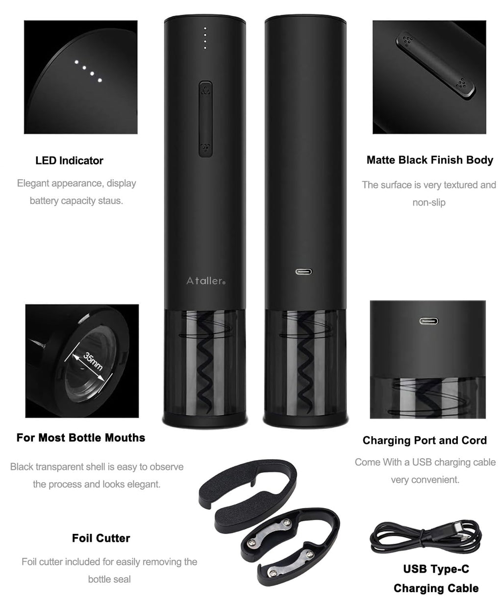 Ataller Rechargeable Electric Wine Bottle Openers, Cordless Automatic Wine Corkscrews Opener with Foil Cutter and USB Charging Cable, Black