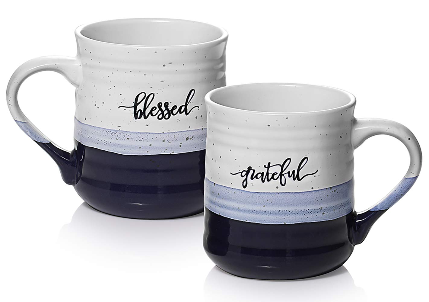 DOWAN 18 oz Large Coffee Mugs, Ceramic Mug Set with Words Blessed Grateful, Easy to Hold, Stylish Texture and Glaze, Dishwasher and Microwave Safe, Thank You Gift for Family Friend, 2 PCS