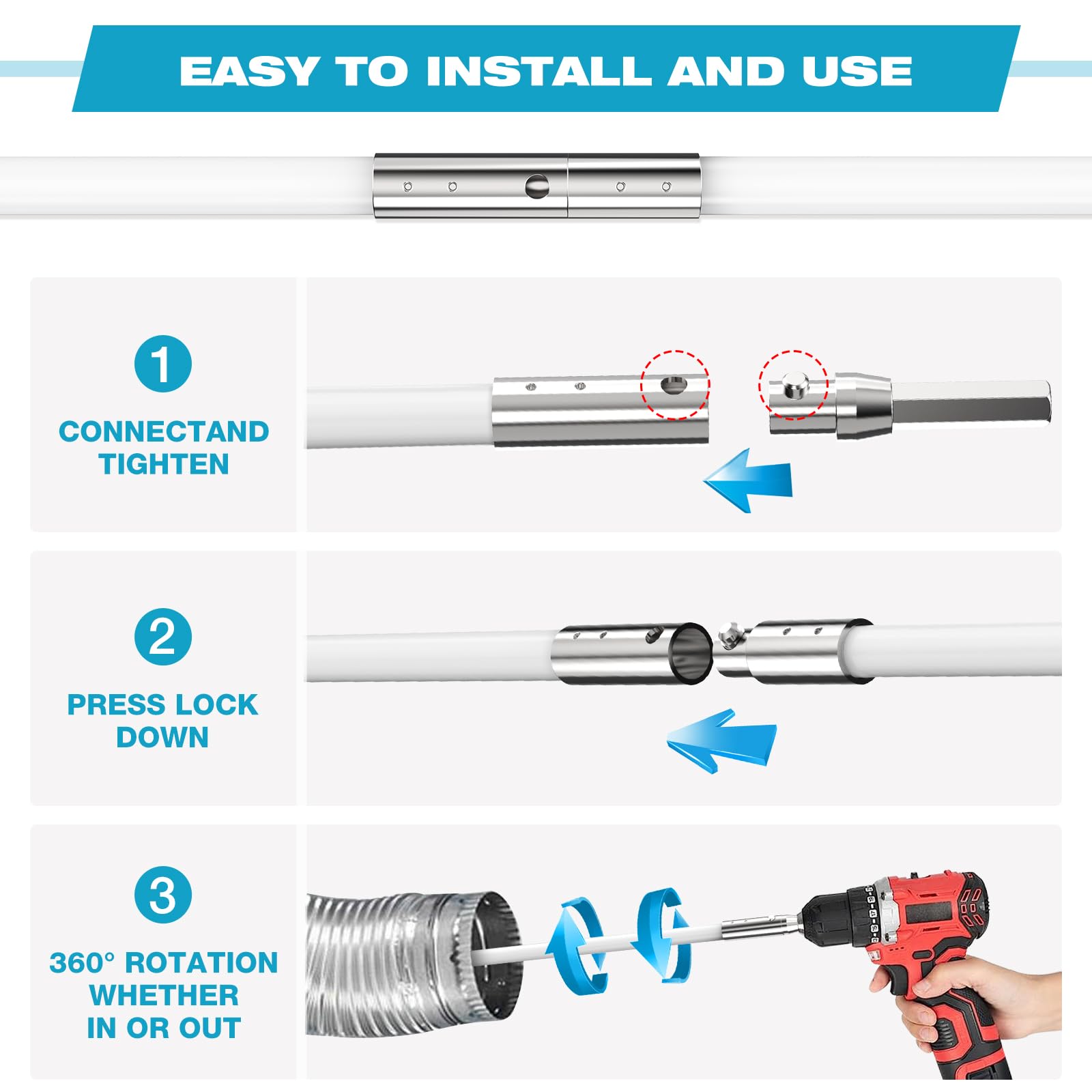 Sealegend 30 Feet Dryer Vent Cleaning Brush, Flexible Lint Brush with Drill Attachment, Upgraded Quick Snap Rods Extends Up to 30 Feet for Faster Cleaning
