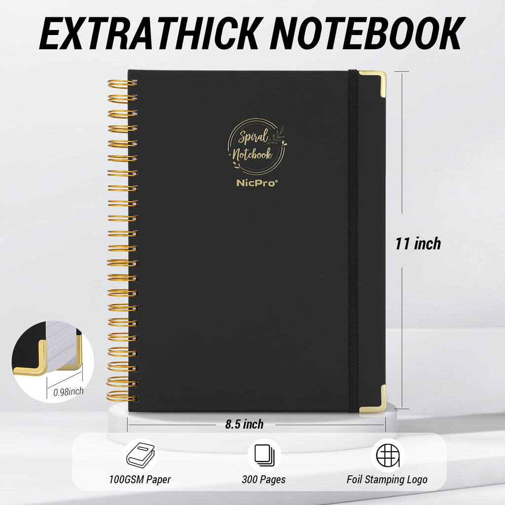 Nicpro Spiral Notebook 300 Page,8.5"x 11", Black Leather Hardcover Note Book Journal A4 Book College Ruled with 60pcs Index Tabs for Work School Notes, Journals Writing,100gsm Thick Paper