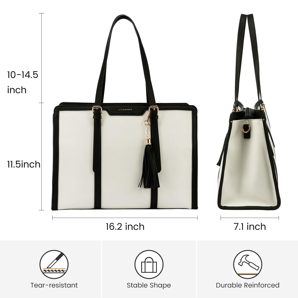 LOVEVOOK Laptop Tote Bag for Women,15.6 inch Canvas Leather Computer bag with Clutch Purse for Business, Travel, Casual, Beige & Black, 15.6 Inch