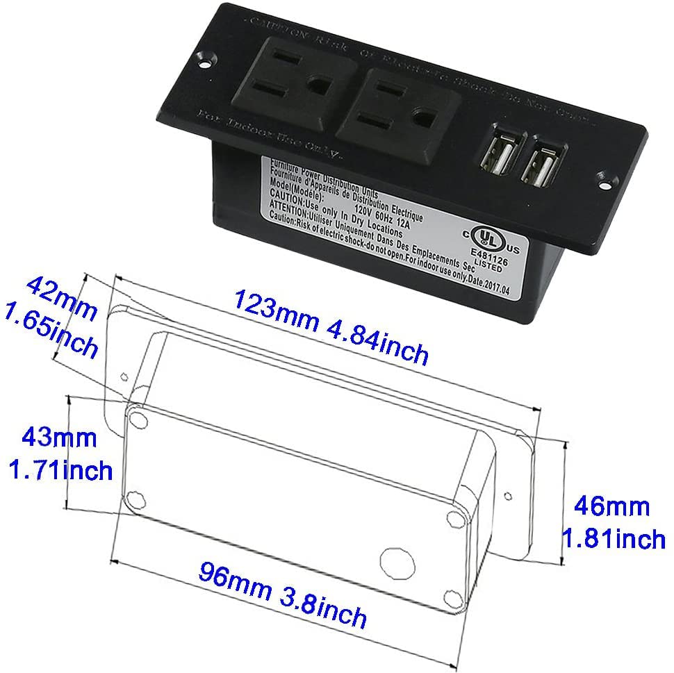 Desktop Power bar with 2 Outlets 2 USB 2.1A Insert Mounting Good for Tabletop Sofa Cabinet Nightstand