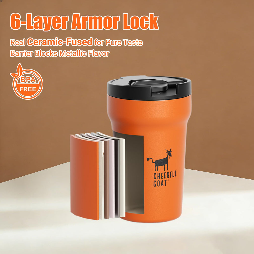 CHEERFUL GOAT Ceramic Lined Coffee Travel Mug – Stainless Steel Travel Coffee Tumbler with Ceramic Liner, with lid, 12oz Coffee Cup for Hot and Cold Water Coffee at Home, Office, or On the Go (Orange)
