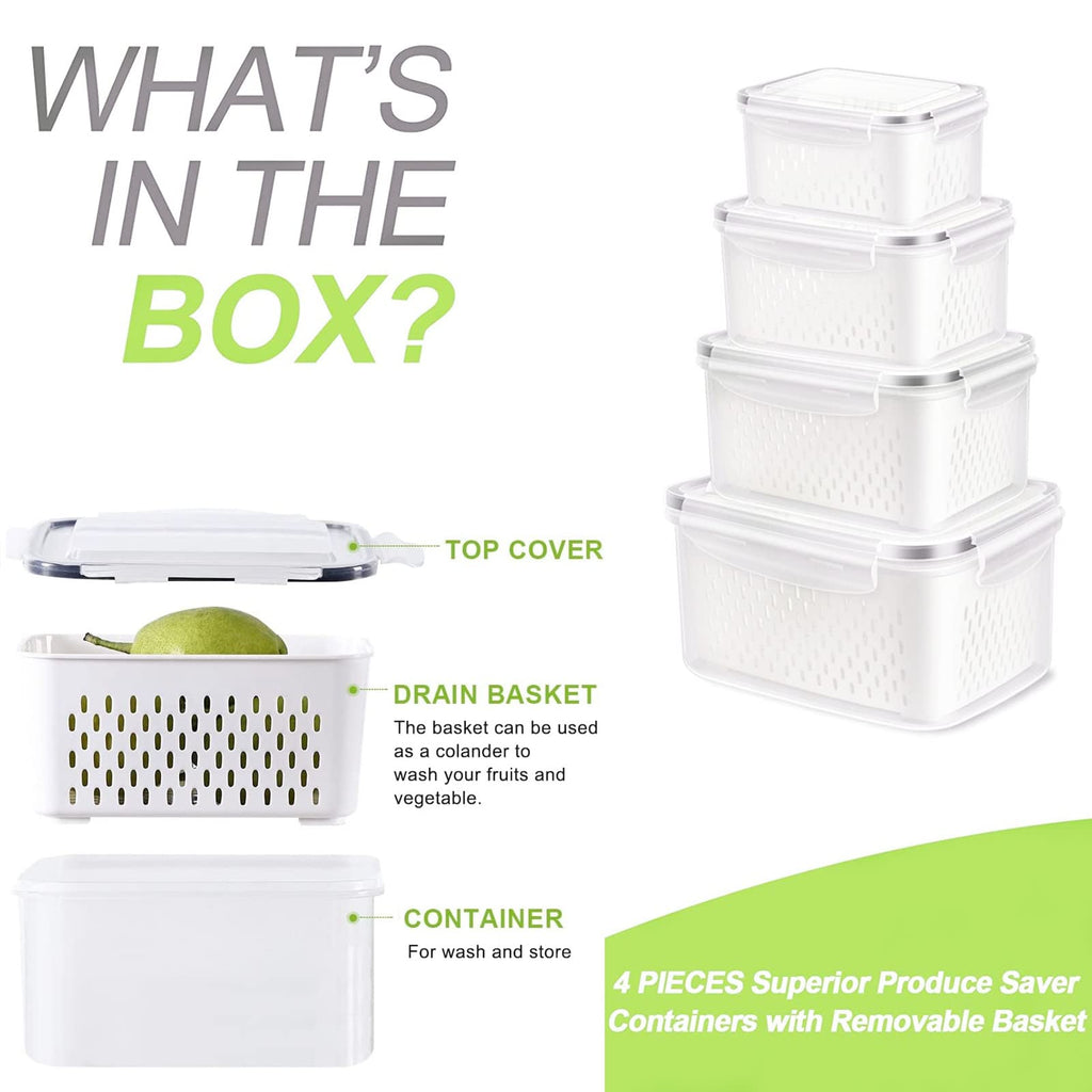 Fresh Food Storage Containers, 4 Pack Large Capacity Produce Saver Box with Drain Baskets & Lid for Vegetable and Fruit - BPA Free Stackable Refrigerator Organizer for Kitchen (0.8L+1.7L+3.15L+4.15L)