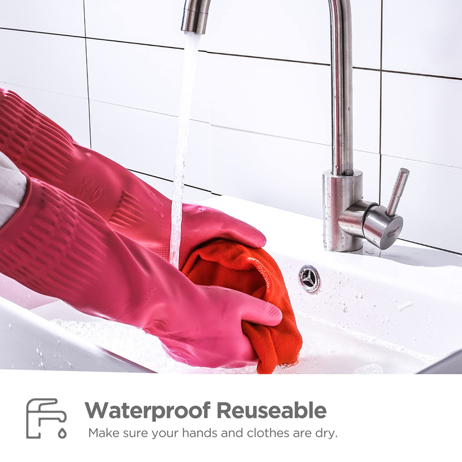 Rubber dishwashing gloves 3 Pairs for kitchen,Cleaning washing dish gloves long for household reuseable durable.(Small,Multicolor)