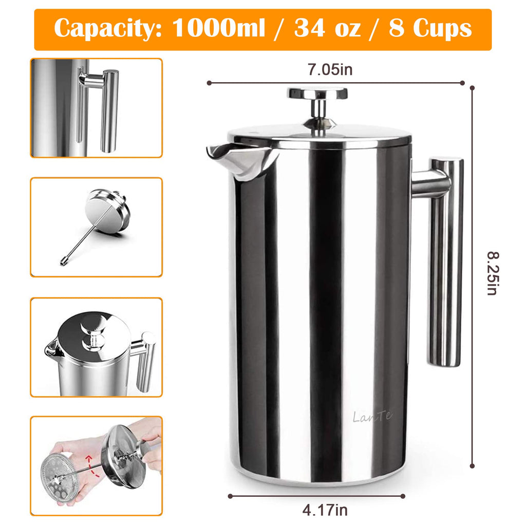 French Press Coffee Maker, Double Insulated 304 Stainless Steel Coffee Tea Maker 4 Level Filtration System, No Coffee Grounds, Rust-Free, Dishwasher Safe