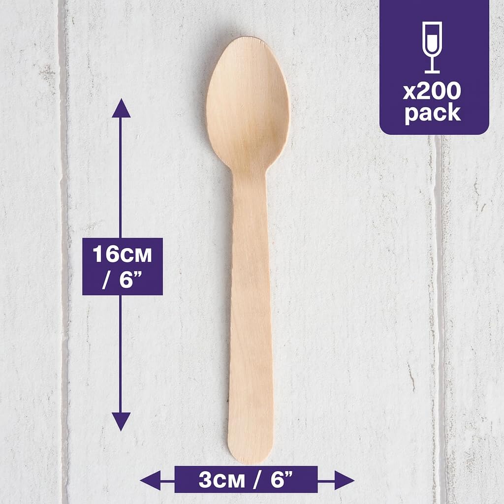 MATANA 100% Natural Bamboo Wooden Spoons 5.5" Inch/ 14cm (200 Pack) Compostable Cutlery, Biodegradable Utensils for Garden Party, Summer Events, Catering, Takeaway