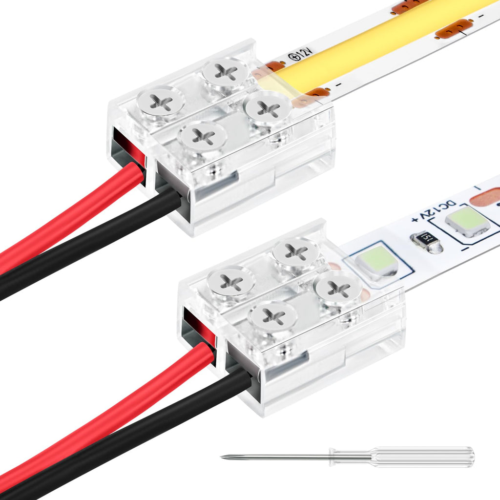 RGBZONE 15 PCS 2-pin 8mm LED Connectors Transparent Gapless Solderless LED Strip to Wire Connector with Screwdriver for 12V 24V COB/SMD Single Color LED Light Strips