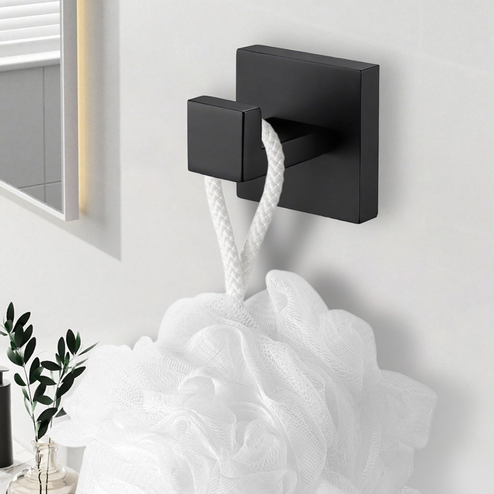 Menbyci 4 Pack Bathroom Towel Hooks, Screw-in Square Matte Black Wall Hooks Robe Hook, Anti-Rust SUS304 Stainless Steel Heavy-Duty Door Hanger Coat Hook, Sturdy for Bathroom/Bedroom/Kitchen/Hotel