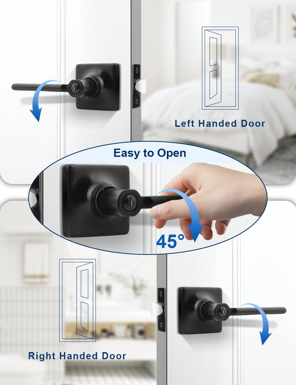 Mengico Matte Black Door Handles Interior 1 Pack, Square Privacy Door Levers, Keyless Door Handle with Lock, Modern Black Door Knobs for Bedroom and Bedroom, Reversible for Right/Left Side