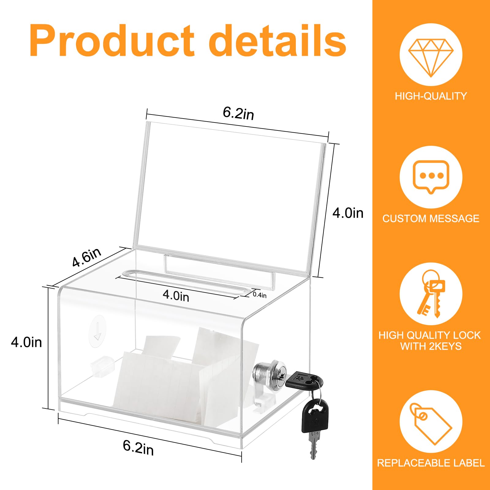 Donation Box with Lock,Suggestion Box with Sign Holder，Clear Ballot Box for Fundraising, Raffle, Tip Jar, School Voting