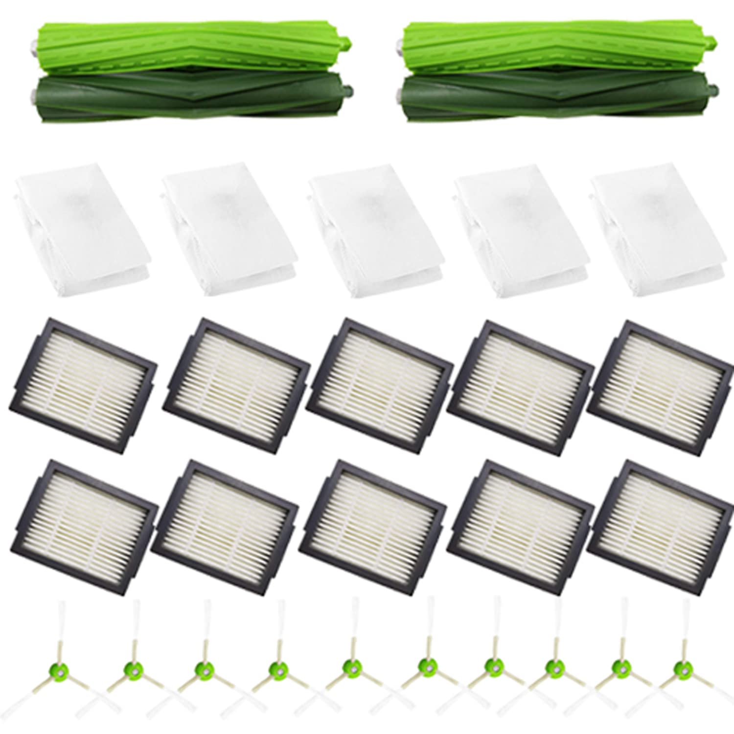 Amyehouse Replacement Parts Kit for iRobot Roomba i1+ i4+ i7+ i8+ i6+ i3+ J5 J7+ J8+ J6+ J9+ Plus Vacuum,2 Rubber Brushes & 10 HEPA Filters & 10 Side Brushes & 5 Dirt Disposal Bags