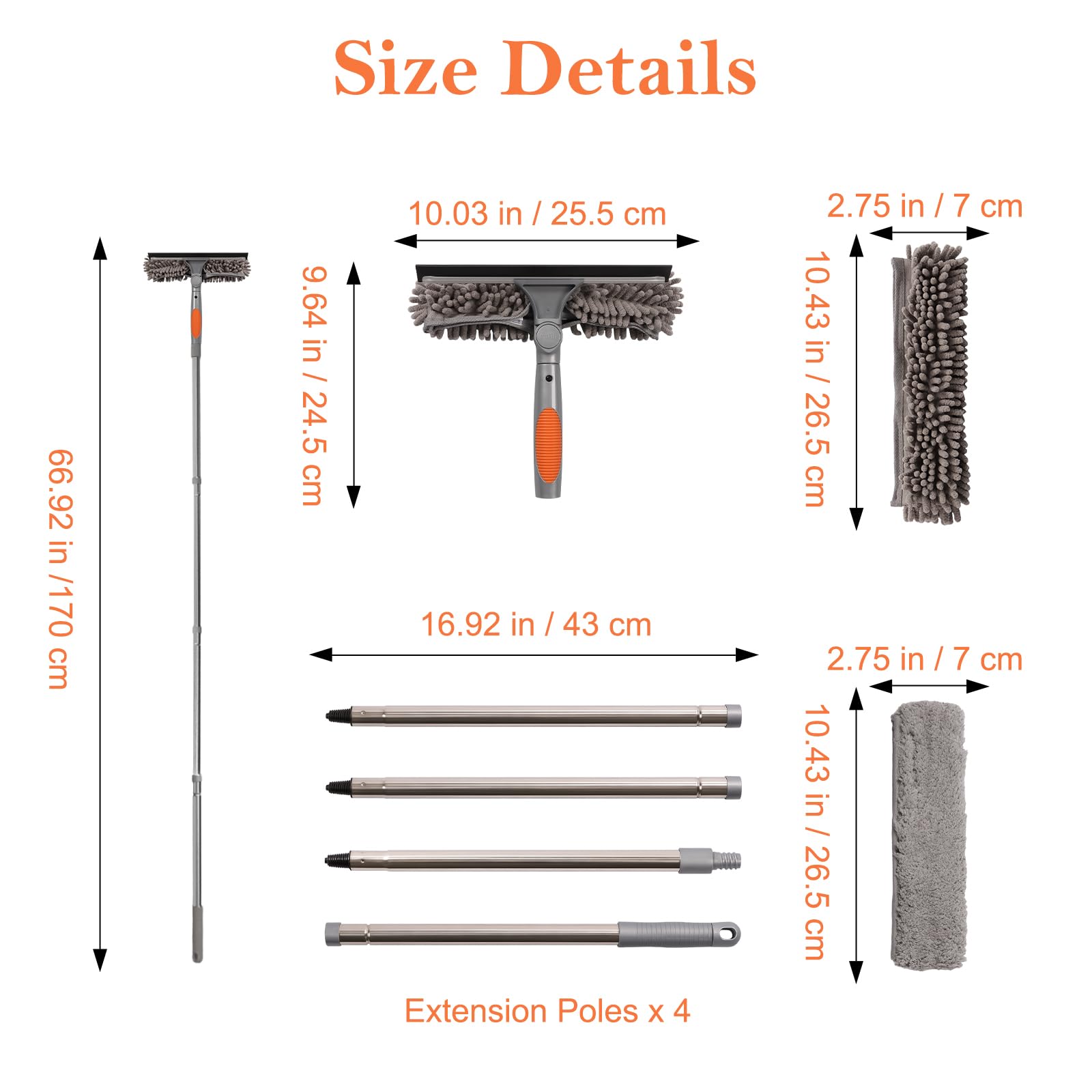 Terafeels 66.92in / 170cm Window Cleaning Tools, Window Squeegee: 2 in 1 Double-Sided Professional Cleaner Window Washing Kit with Extension Pole (Grey)