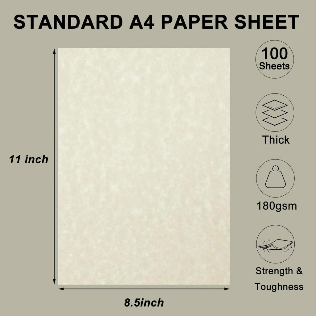 Acidea 100 Sheets Printed Parchment Paper, 180GSM Thickened Blank Certificate Printing Paper, 8.5 x 11 Inch Standard Letter, Ivory Antique Textured Parchment Papers for Writing Resume, Diploma