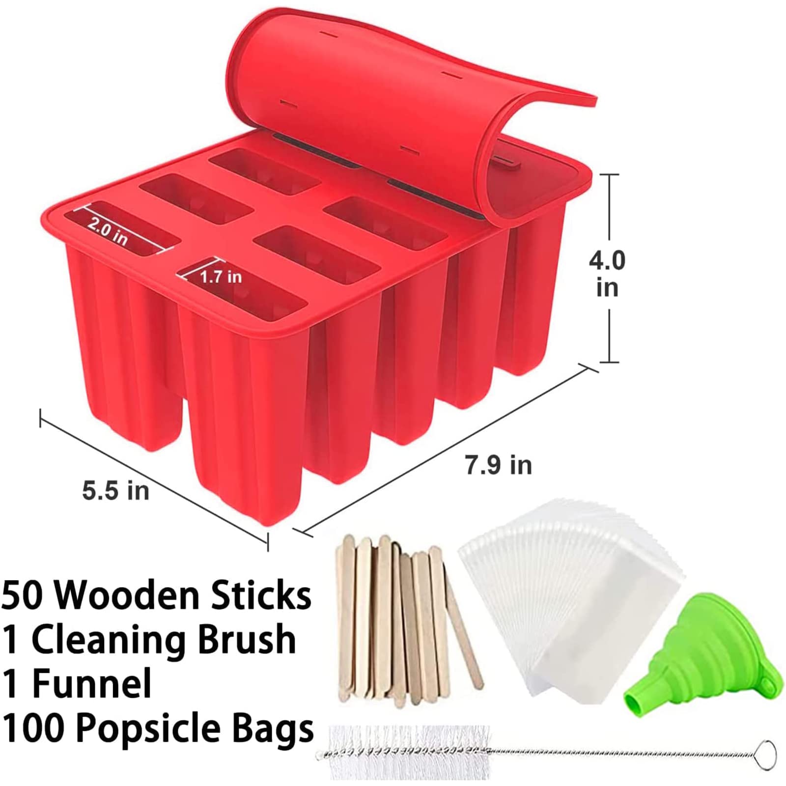 Popsicle Molds, BPA Free Food Grade Silicone, Frozen Popsicle Mold, Ice Pop Cream Maker, 10-Cavity Popsicle Maker Molds, Includ 50 Wooden Sticks & Cleaning Brush& Funnel & 100 Popsicle Bags, Red