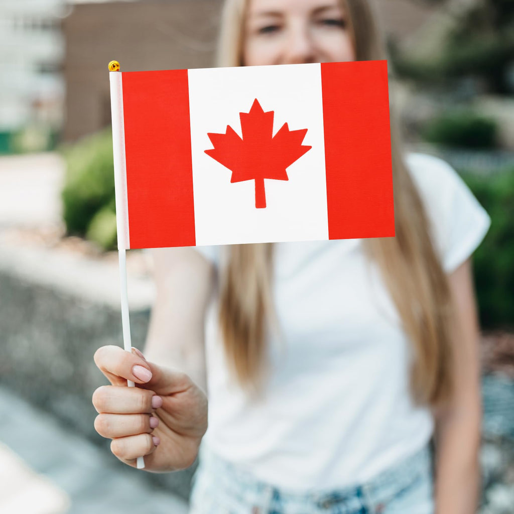 50 Pack Small Canada Flag Stick 5'' x 8'' - Handheld Canadian Maple Leaf Flags with Plastic Sticks, Mini Le drapeau du Canada for Outdoor Parades, National Day Celebration Party Decorations