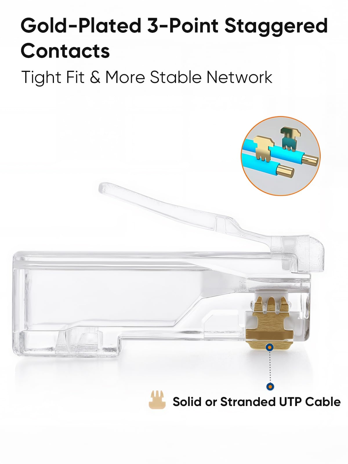 Cat6 RJ45 Ends, CableCreation 100-Pack Cat 6 Connector, CAT6 / CAT5e RJ45 Connector, Ethernet Cable Crimp Connectors UTP Network Plug for Solid Wire and Standard Cable, Transparent
