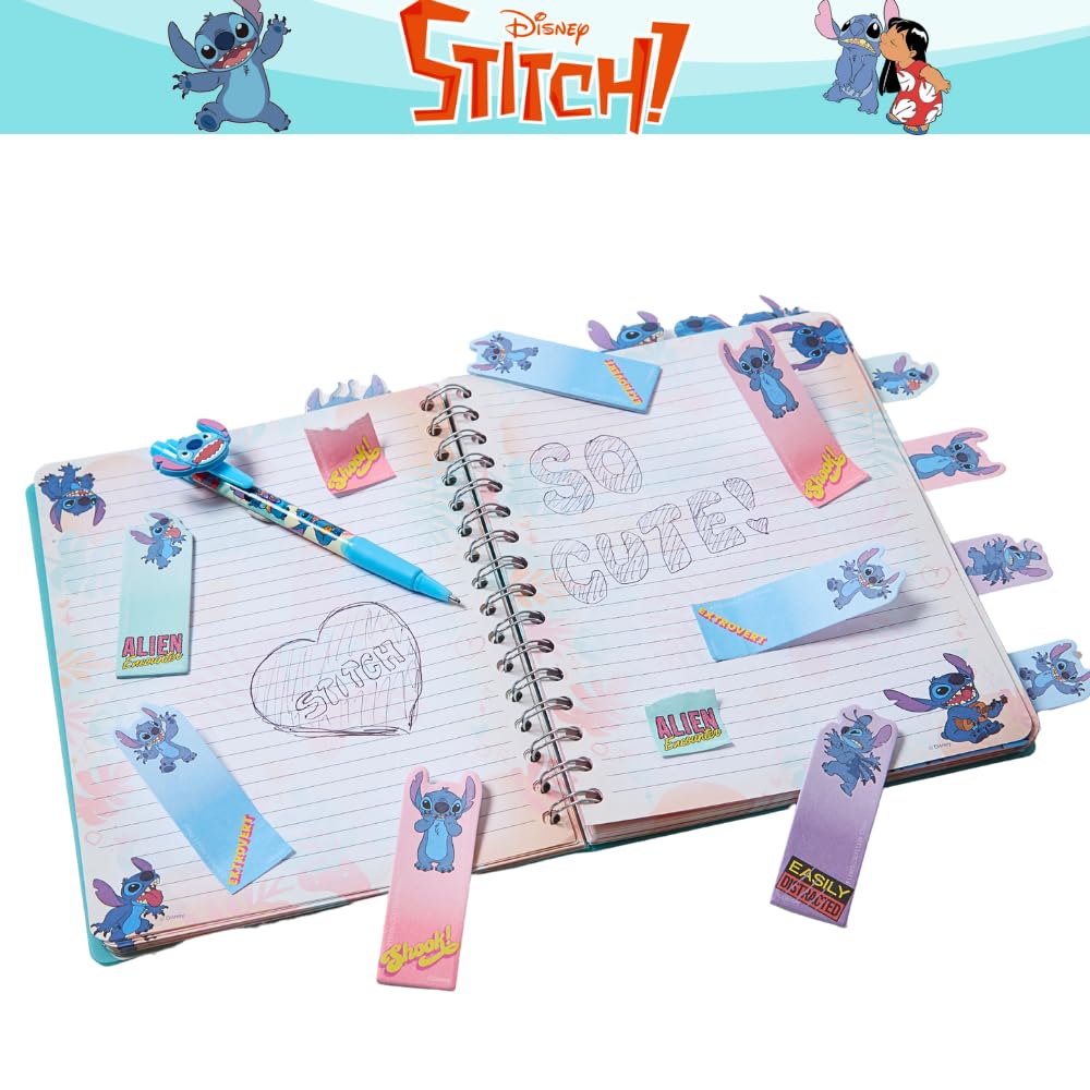 Disney Stitch Tab Journal Spiral Notebook, Ballpoint Pen, Sticky Tabs, 96 Lined Pages, Blue