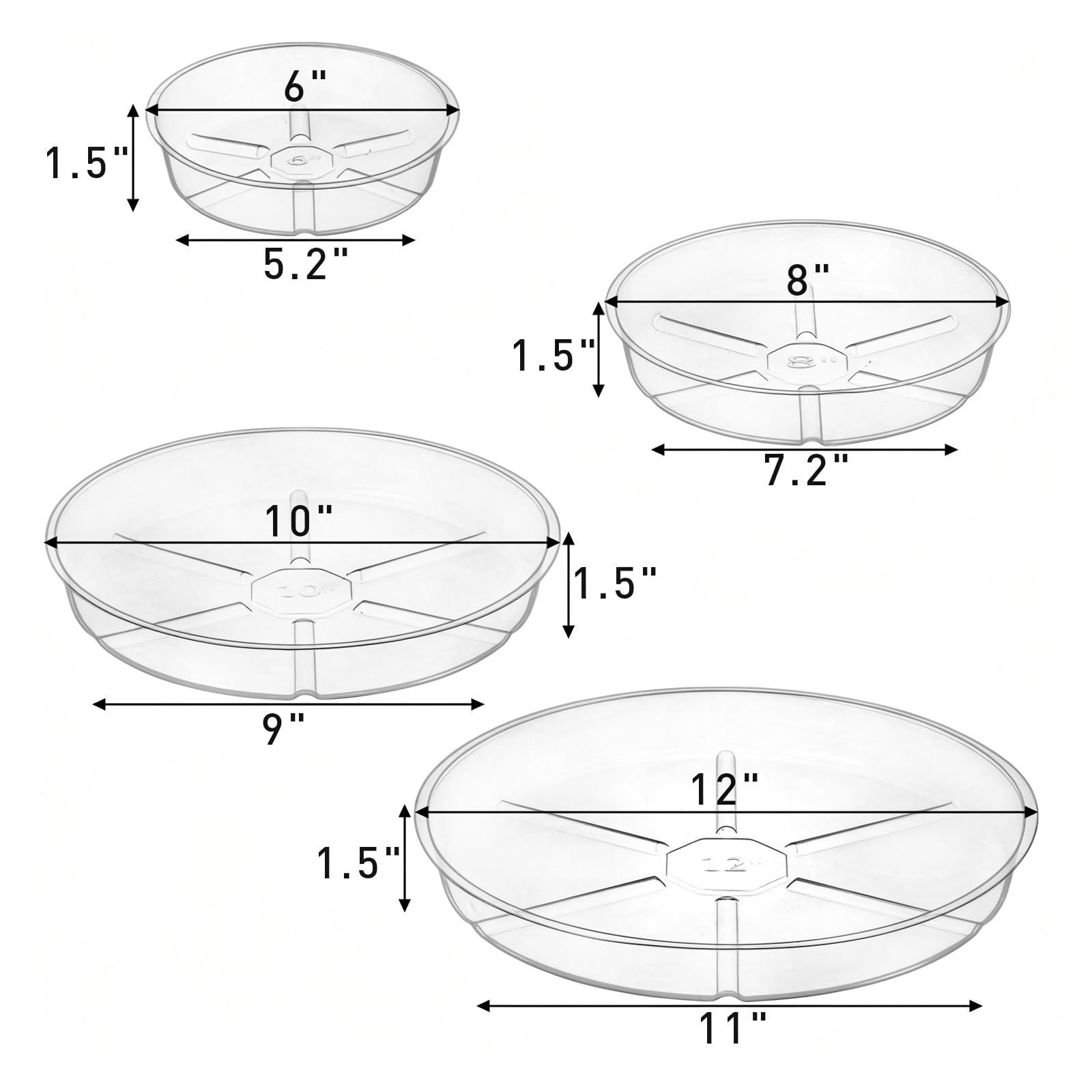 Hacaroa 24 Pack Clear Plant Saucer Drip Trays, 6/8/10/12 Inch Plastic Plant Trays Flower Pot Saucers for Indoor & Outdoor Plants, Round, 4 Sizes