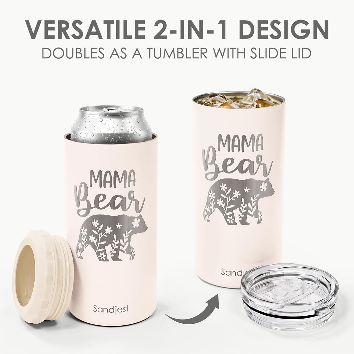 Mama Bear Holder Can Cooler 12oz - Travel Mug Cup - Stainless Steel Insulated for Mom Women - Tumbler Cans Koozie, Gift for Summer Vacation, Christmas, Birthday, Mother's Day