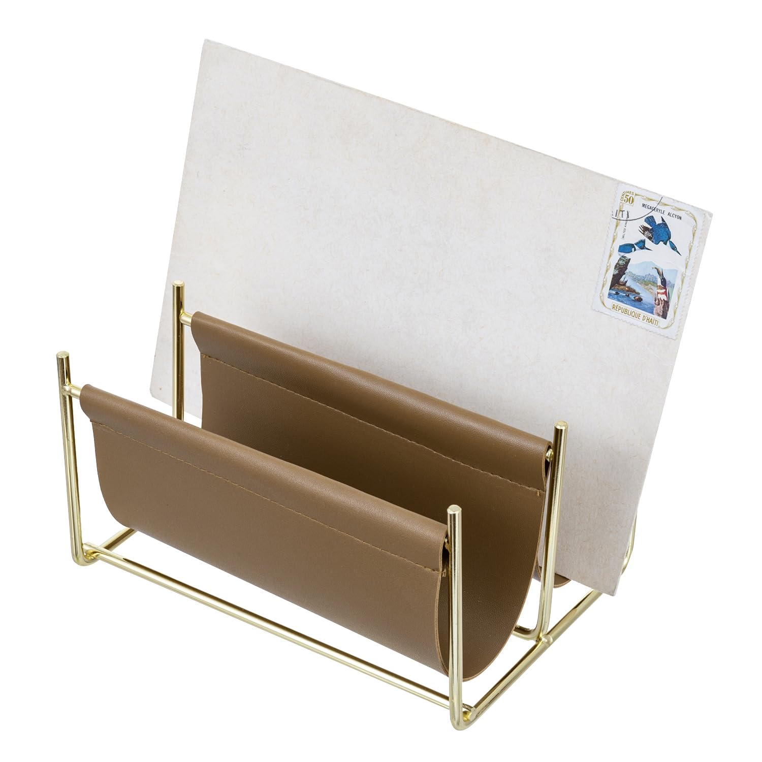 MyGift 2 Slot Modern Mail Holder, Deluxe Brass Tone Metal and Toffee Brown Leatherette Sling Entryway or Desktop Tabletop Letter Sorter