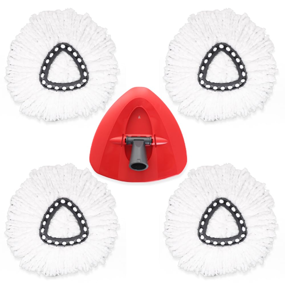 4Pcs Spin Mop Head Refills + 1 Mop Holder for Vileda, fit O-Cedar Spin Mop, Easy Wring Mop Replacement, Microfiber Triangle Replacement Pads, White Color (Pack4 * 1)