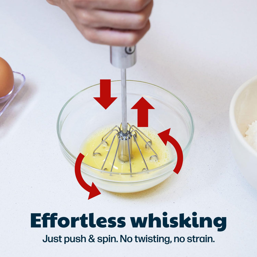 14 Inch Stainless Steel Hand Whisk - Durable & Easy to Use Push-Down Zip Whisker - Rotary Hand Mixer for Beating Eggs, Frothing Milk, Blending, Mixing, Whipping Smoothies & Shakes - Kitchen Tools