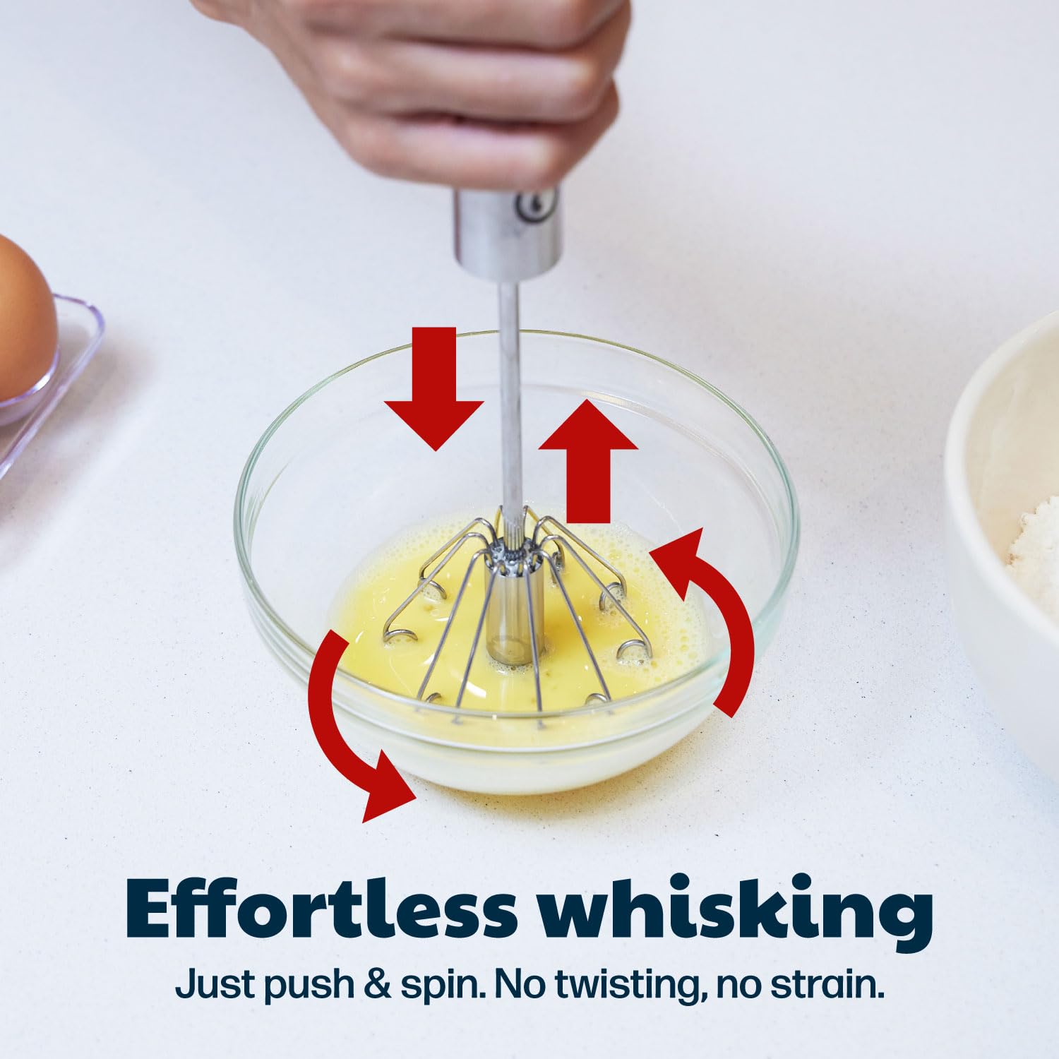 14 Inch Stainless Steel Hand Whisk - Durable & Easy to Use Push-Down Zip Whisker - Rotary Hand Mixer for Beating Eggs, Frothing Milk, Blending, Mixing, Whipping Smoothies & Shakes - Kitchen Tools