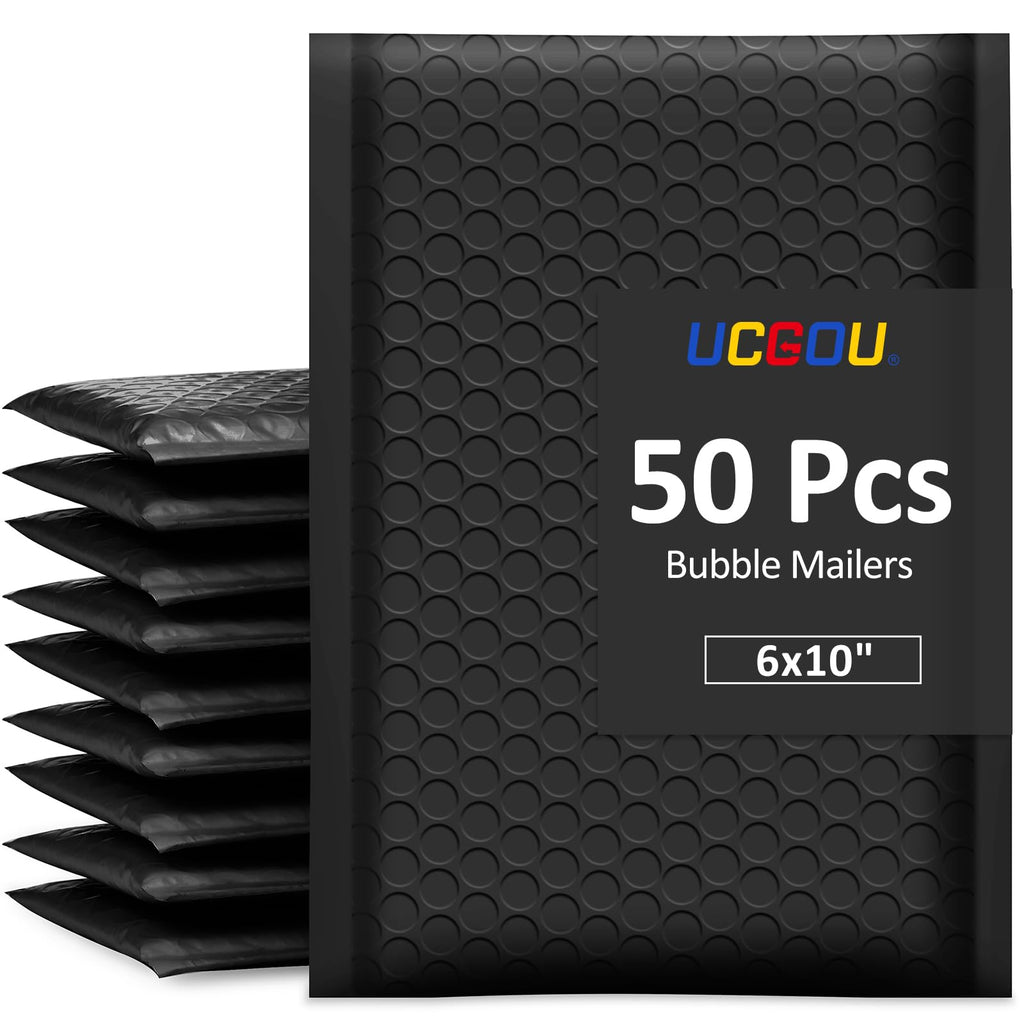 UCGOU Bubble Mailers 6x10 Inch Black 50 Pack Usable Size 6x9 Padded Envelopes Small Business Mailing Packages Opaque Self Seal Adhesive Waterproof Boutique Shipping Bag for Jewelry Makeup Supplies