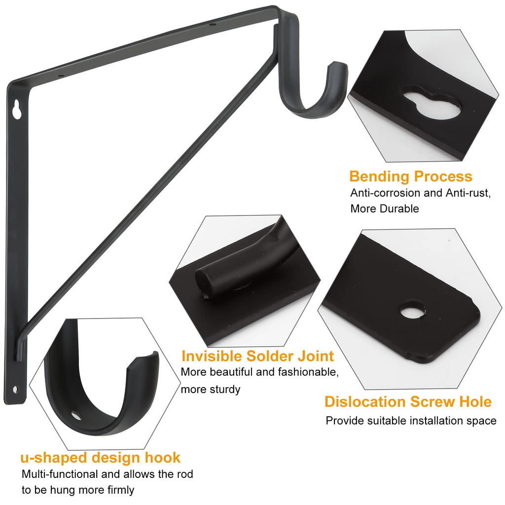 APACALI 2 Pack Heavy Duty Closet Rod Brackets, Black Steel, 10.8 x 10.8 x 1 Inch, Wall Mounted, Holds Up to 300 lbs per Pair, Fits 1.3-1.5Inch Rods