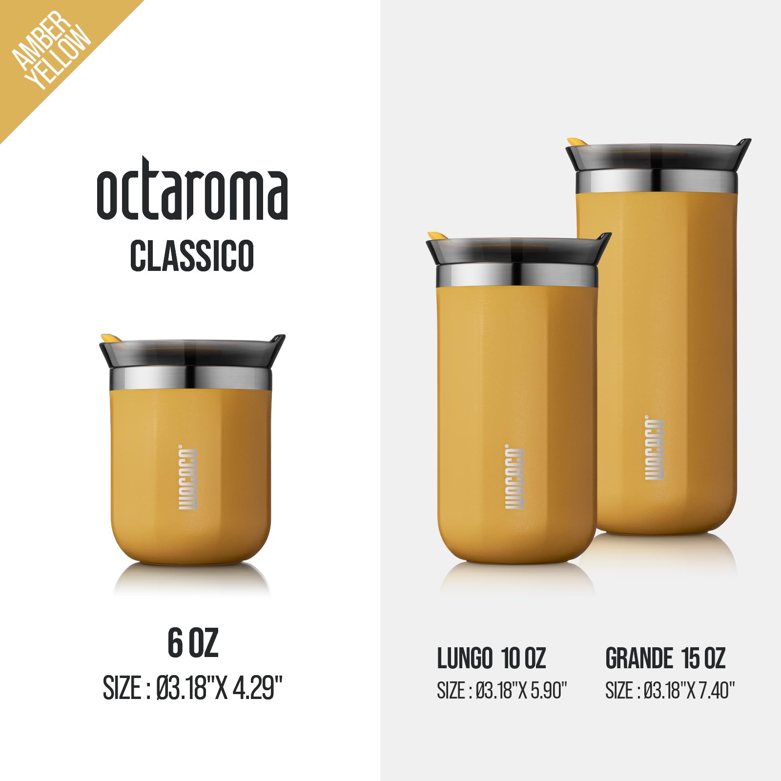 WACACO Octaroma Classico Vacuum Insulated Coffee Mug, Double-Wall Stainless Steel Travel Tumbler with Drinking Lid, 6 fl oz (180ml), Yellow