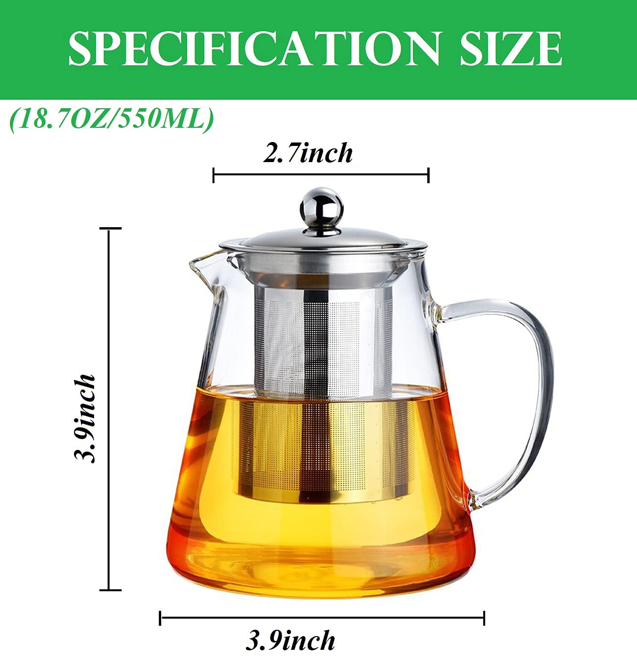 Mini Size Glass Teapot Tea Kettle-with Stainless Steel Removable Infuser for Blooming Tea & Loose Leaf Tea, Microwave & Stovetop Safe (550)
