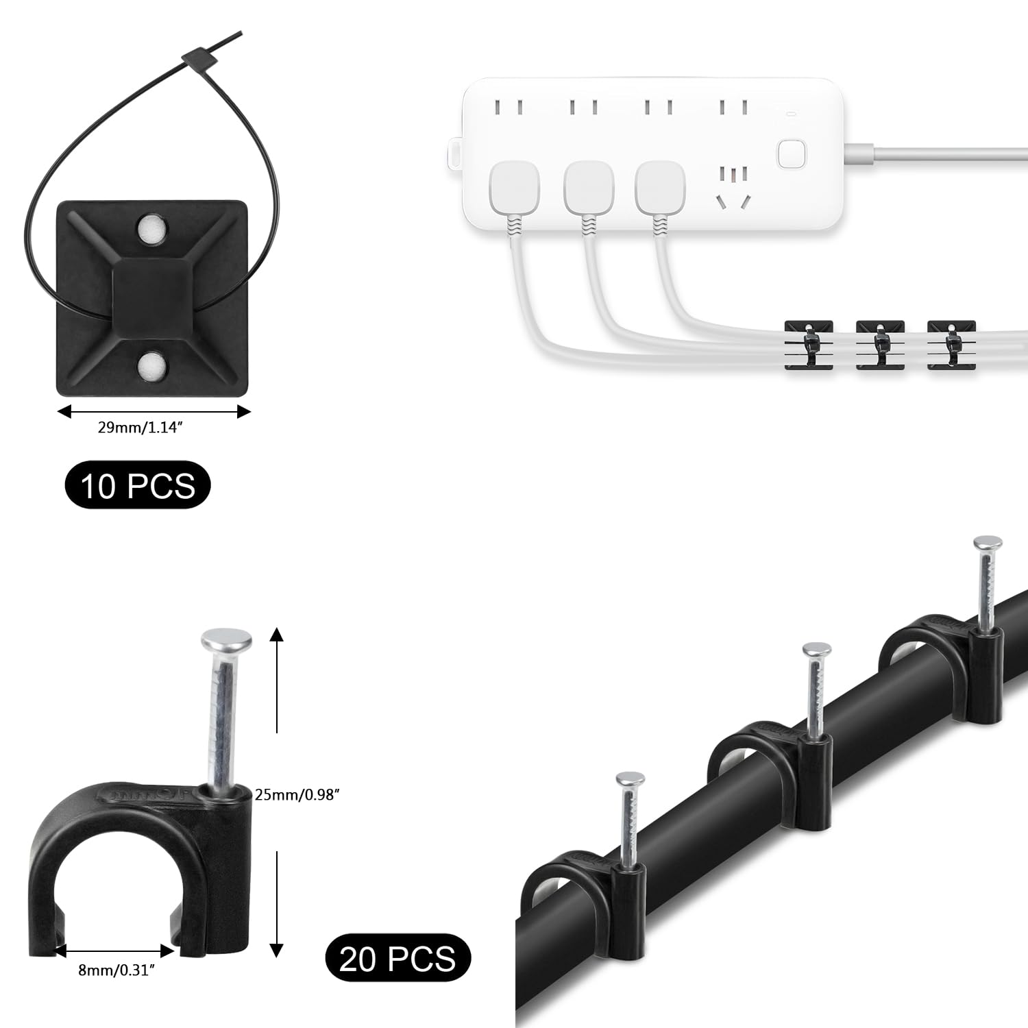 SOULWIT 200PCS Cable Management Kit,4 Cable Sleeves,37 Cable Clips,7 Cable Holders,10 Zip Tie Mounts,20 Cable Clip Nails,100 Cable Fastening Ties,20+2 Roll Cable Straps for TV PC Computer Under Desk