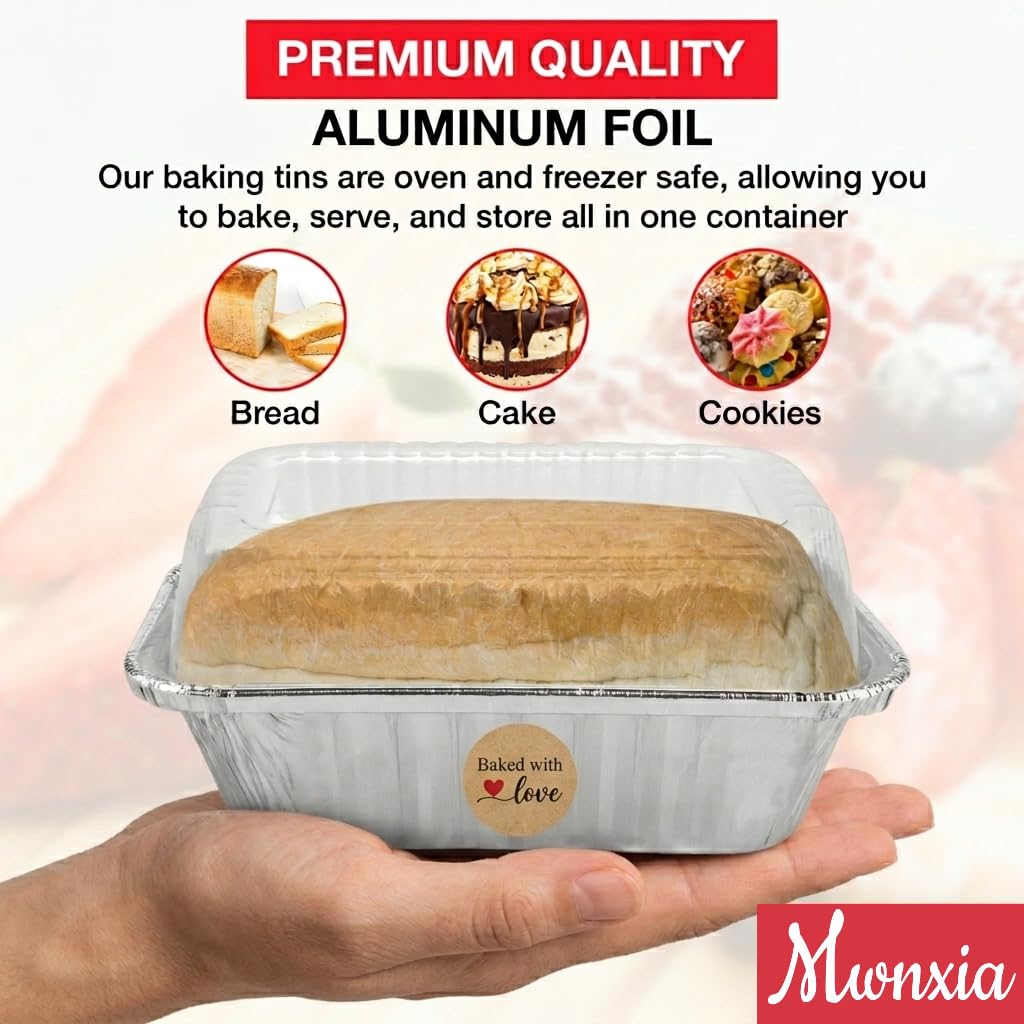 Mwnxia Mini Loaf Pans for Baking with Lids 50 Pack Mini Cake Pans with Lids Complete with Handmade with Love Stickers for Baking Bread, Fruit Cake, Banana Bread, Meatloaf and Baked Goods