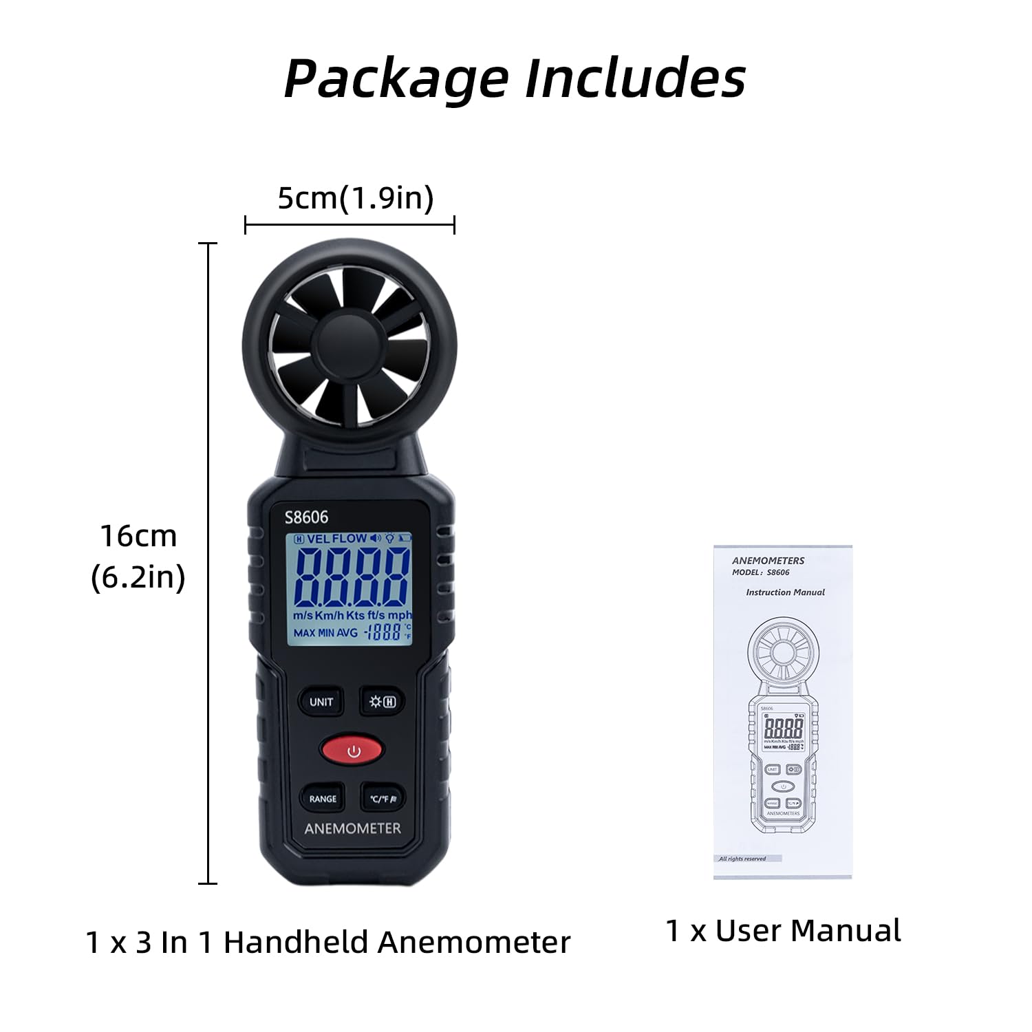 Mcbazel Anemometer, LCD Display, High Accuracy, °C and °F Display, Easy Operation, MAX/MIN/AVG Function, Anemometer Measures 1-12, Japanese Instruction Manual Included - Black