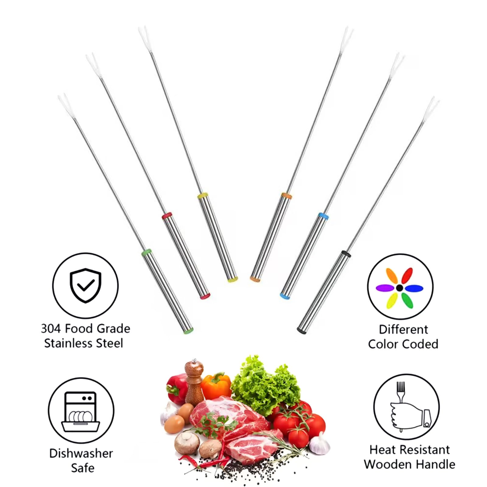 FYHJTRT 24PCS Fondue Forks - 9.45" Stainless Steel Color-Coded Skewers Heatproof Handles for Chocolate, Cheese, Marshmallows & Meat (6 Colors)