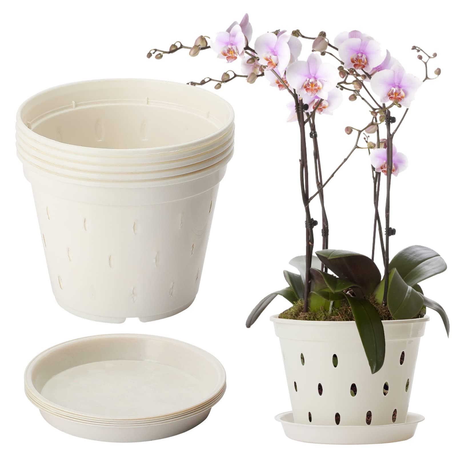 BFYDOAA 5 Pack Orchid Pot, 5.6 Inch Orchid Pots with Holes and Saucers, Clear Plastic Orchid Pots for Indoor and Outdoor Use, Plastic Flower Plant Pot for Plant and Repotting(White)